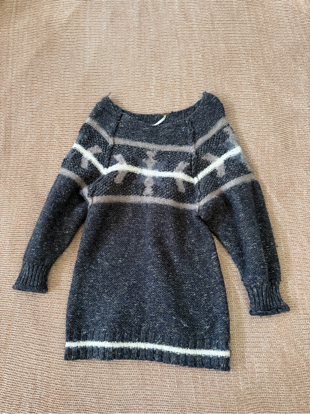 Free People Black and Gray Patterned Crewneck Sweater